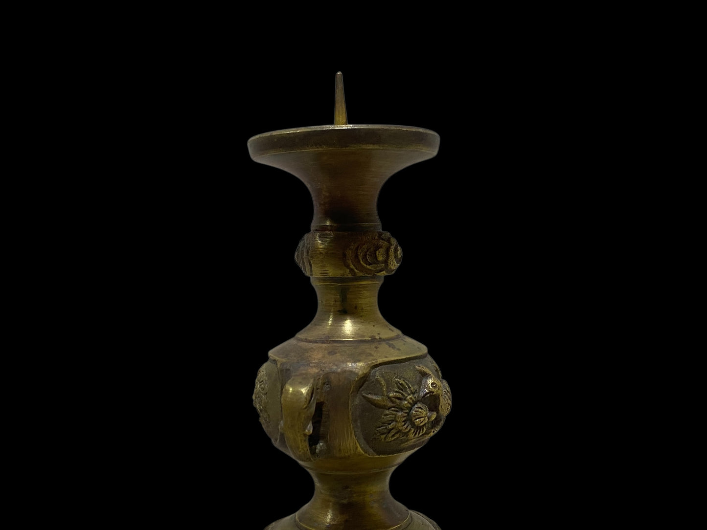 Pair of Antique Chinese Bronze Candlesticks – Hand-Carved with Miniature Detailing