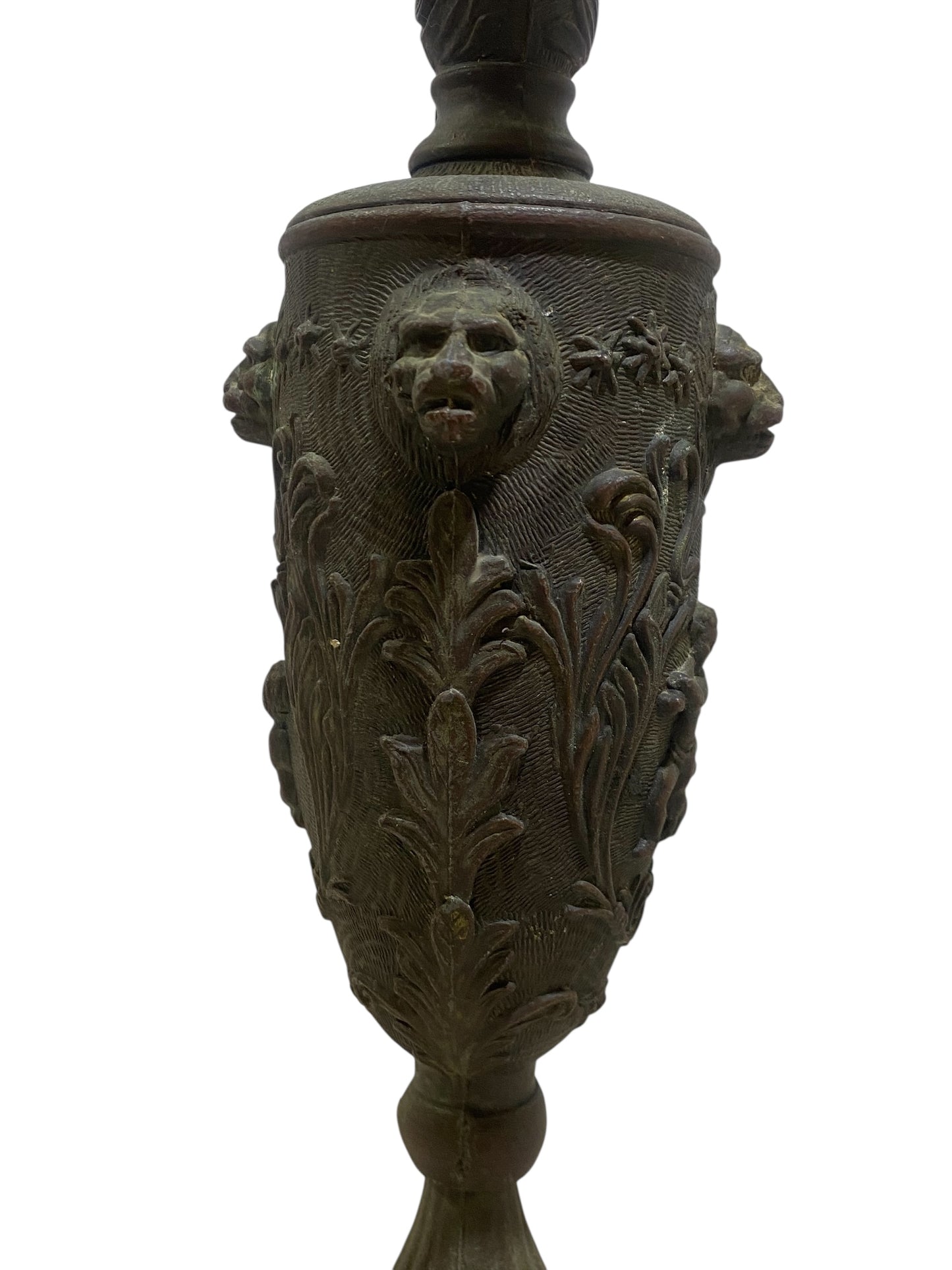 Ornate Italian Brass Ewer with Lion Heads & Putti – Gothic Revival Style