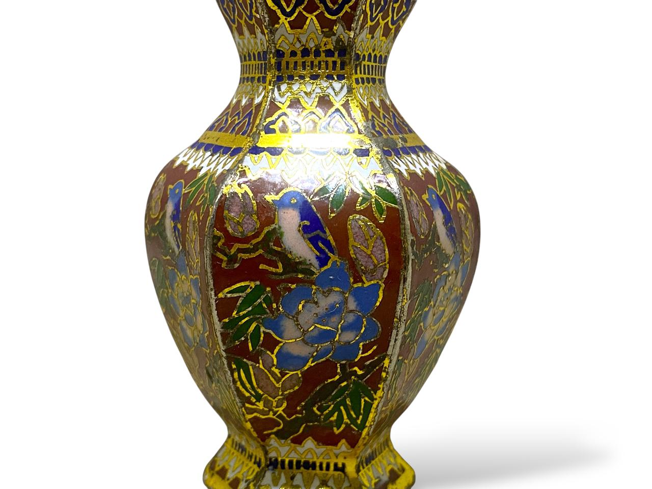 Rare Cloisonné Enamel Vase – Smooth Bronze with Hand-Carved & Hand-Painted Detailing
