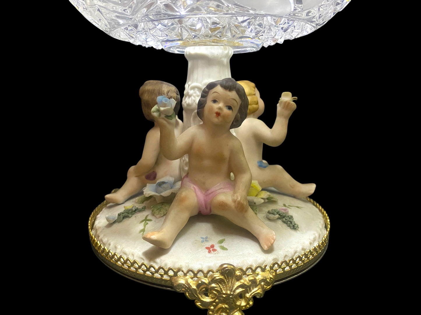 Antique Italian Bonbonniere with Lid — Hand-Engraved Czech Crystal and Capodimonte Porcelain Figures