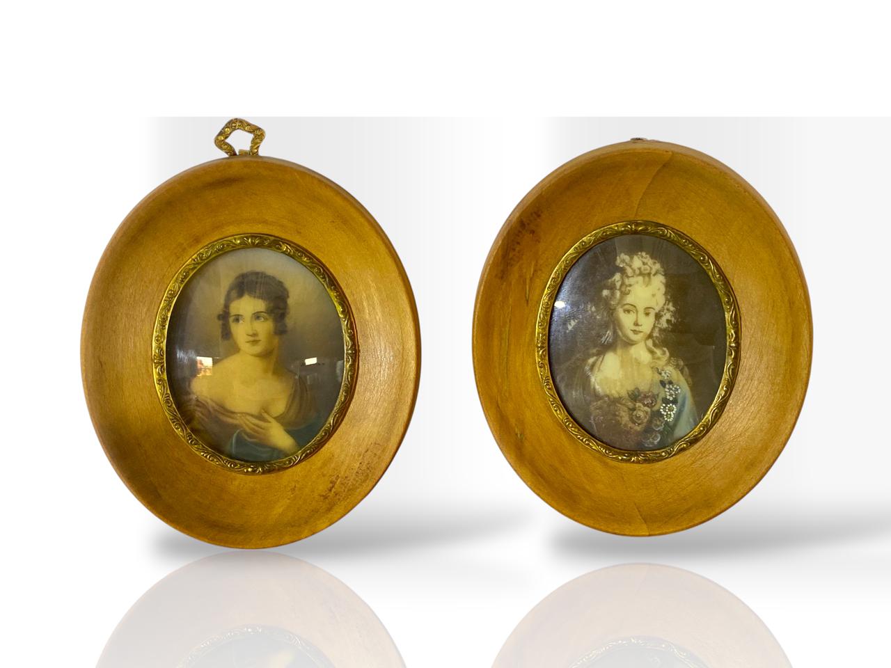 Pair of Original French Miniature Ivory Portraits – Oak & Bronze Frames