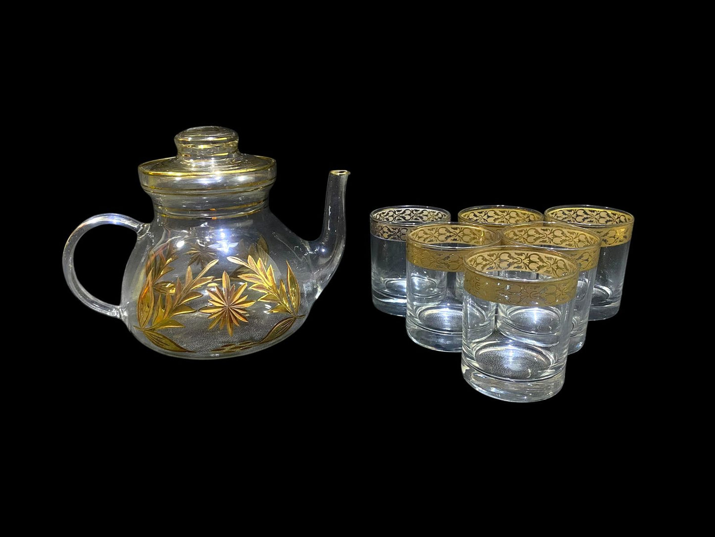 Rare Antique 8-Piece Tea Set – Likely Bohemian Crystal, Hand-Etched and Gold-Gilded