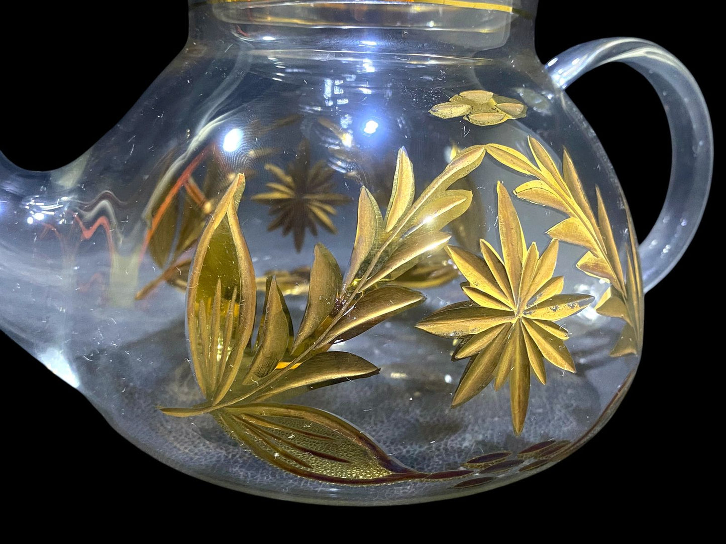 Rare Antique 8-Piece Tea Set – Likely Bohemian Crystal, Hand-Etched and Gold-Gilded