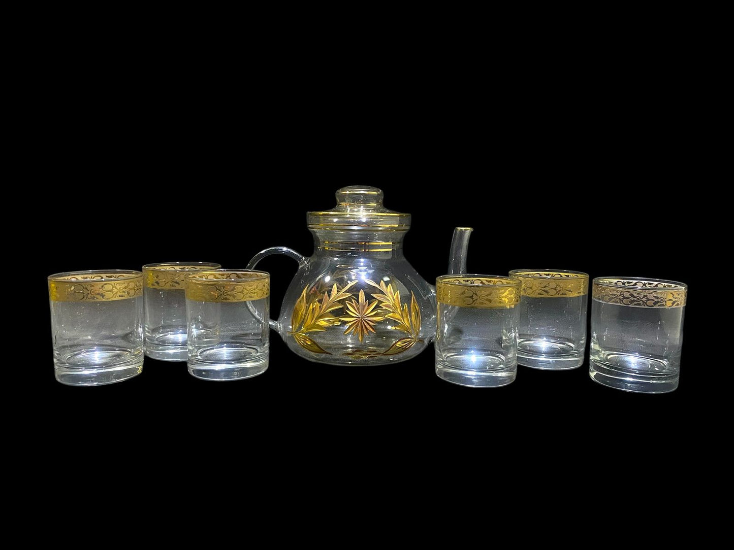 Rare Antique 8-Piece Tea Set – Likely Bohemian Crystal, Hand-Etched and Gold-Gilded