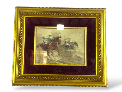 Antique Hand-Painted Arabic Oil Painting with Carved Frame