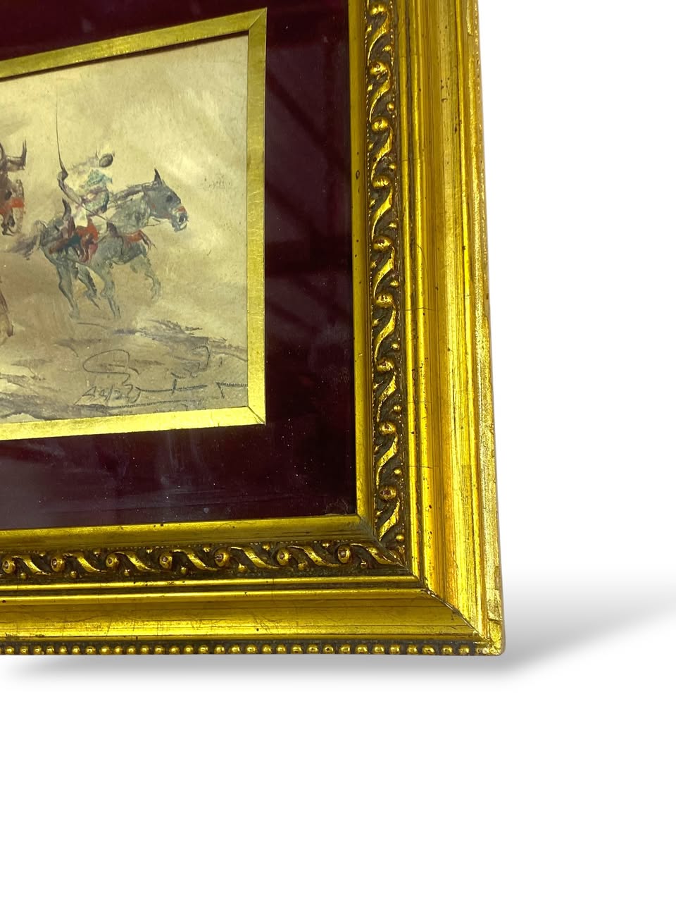 Antique Hand-Painted Arabic Oil Painting with Carved Frame