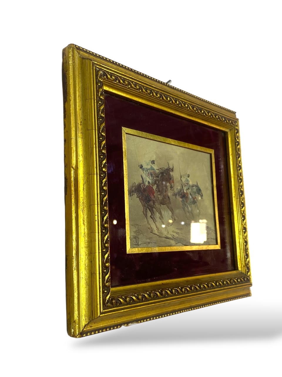 Antique Hand-Painted Arabic Oil Painting with Carved Frame