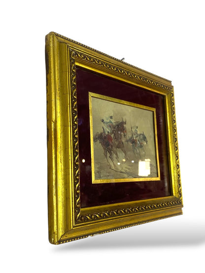 Antique Hand-Painted Arabic Oil Painting with Carved Frame