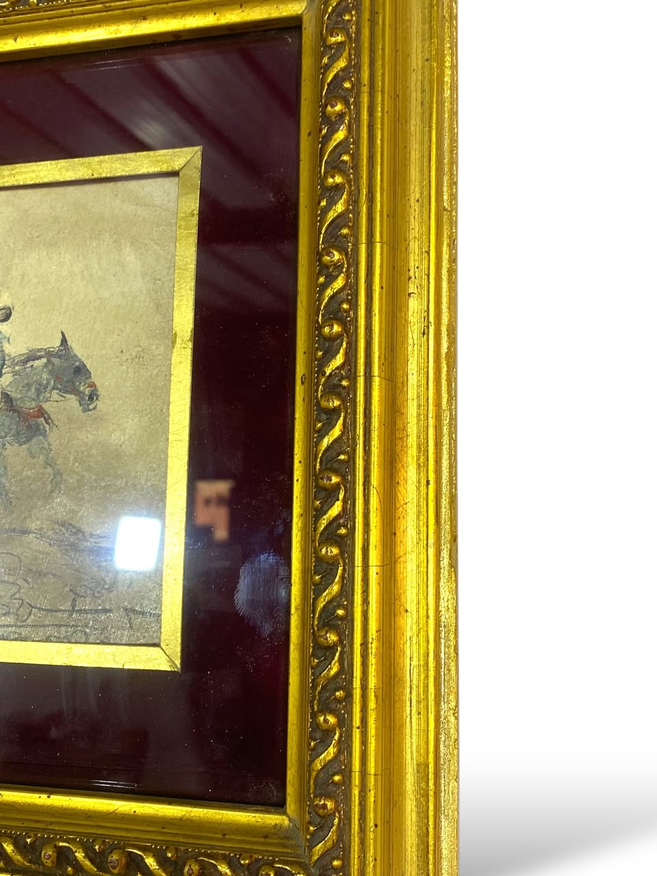 Antique Hand-Painted Arabic Oil Painting with Carved Frame