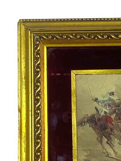 Antique Hand-Painted Arabic Oil Painting with Carved Frame