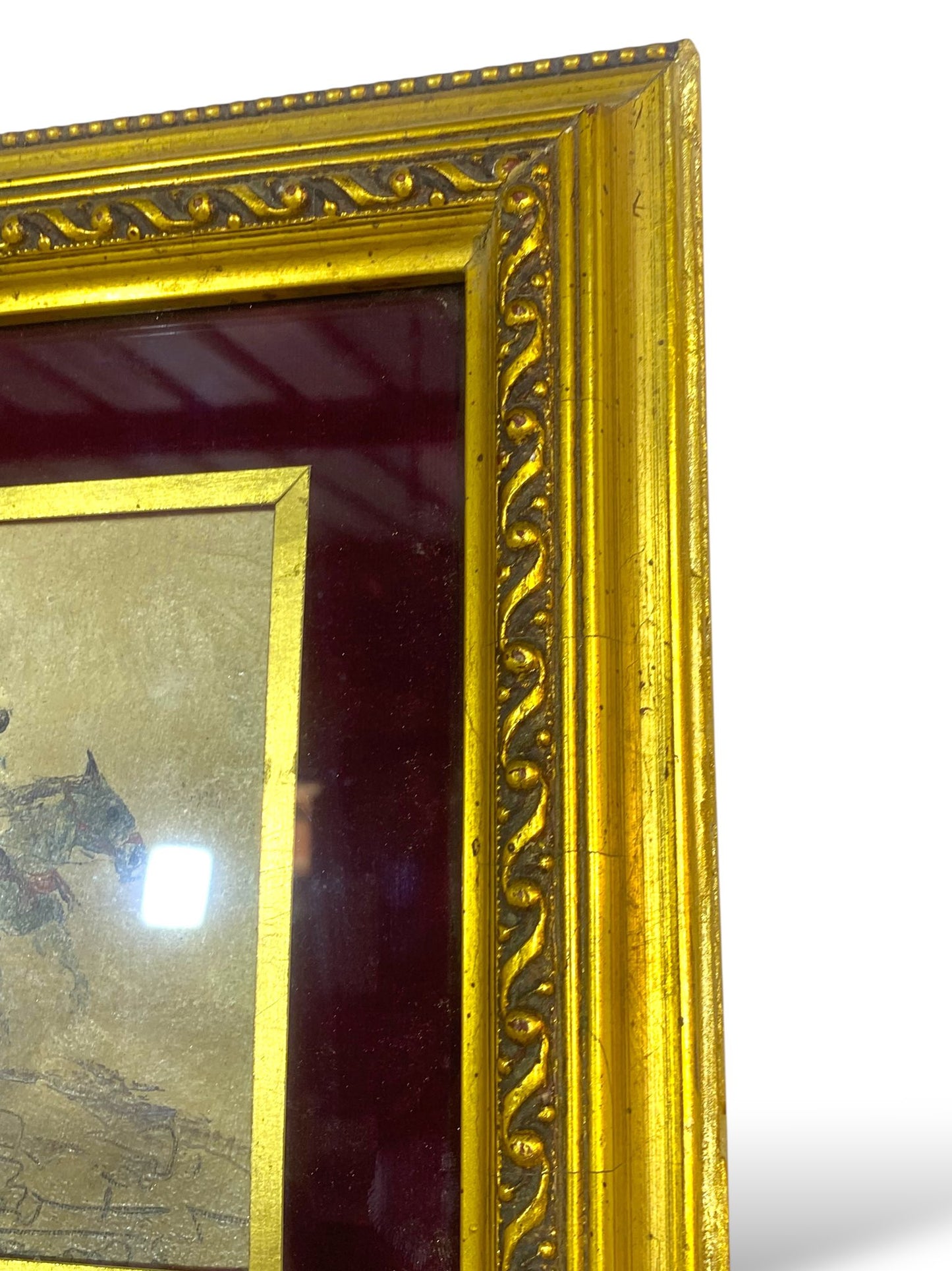 Antique Hand-Painted Arabic Oil Painting with Carved Frame
