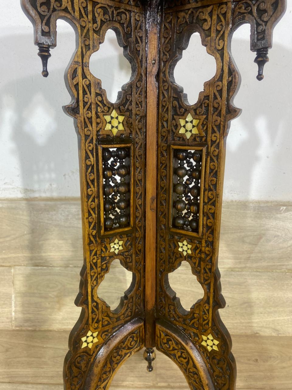 Rare Ottoman Arabesque Mahogany Side Table with Hand-Carved Calligraphy and Natural Ivory Inlay