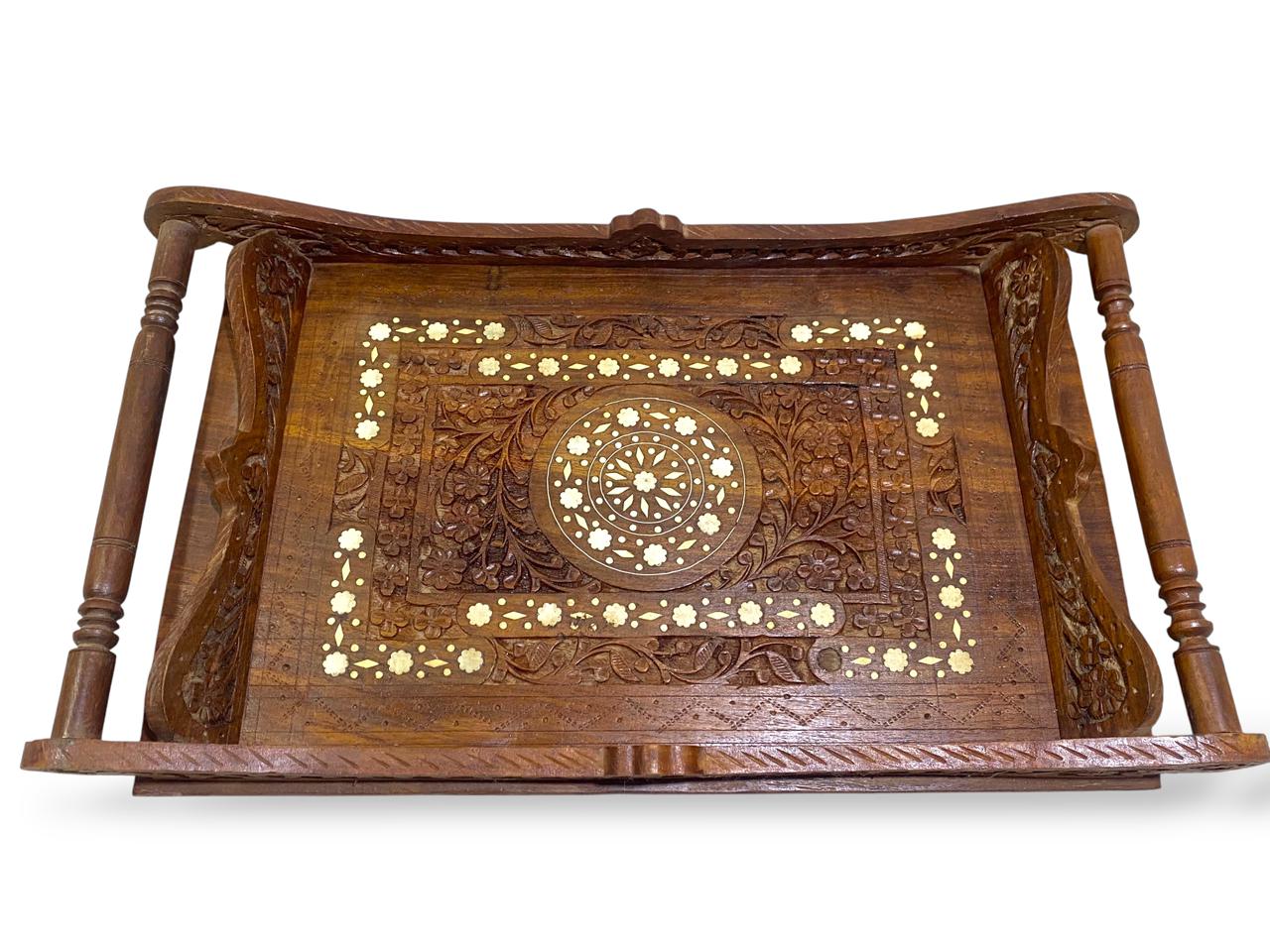 Antique Indian Rosewood Tray with Ivory Inlay