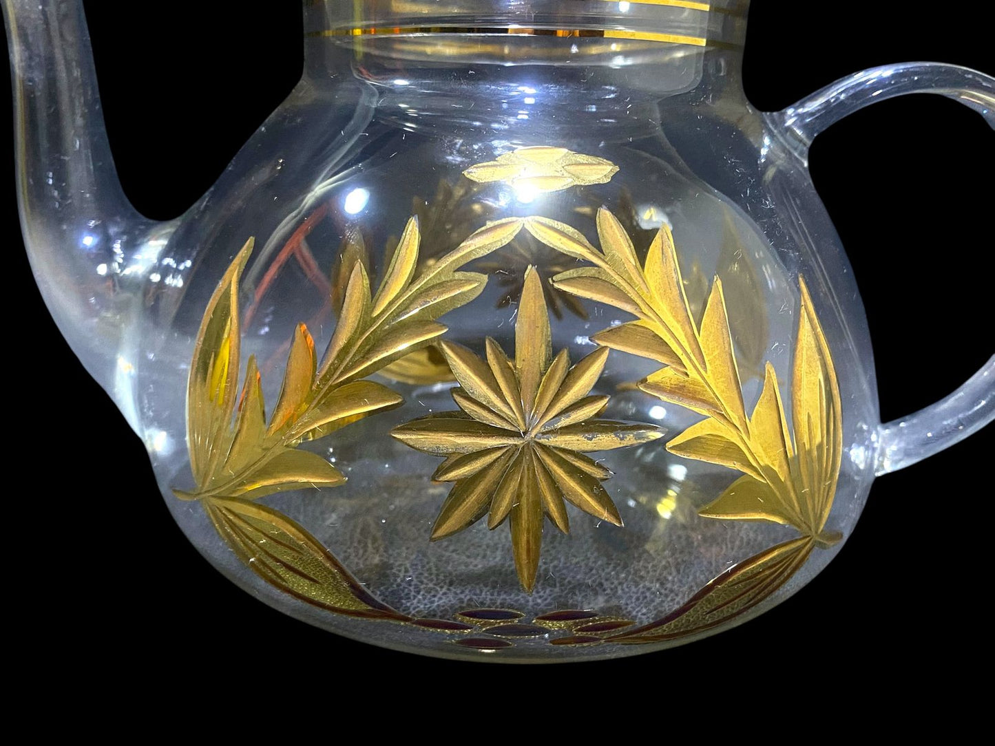 Rare Antique 8-Piece Tea Set – Likely Bohemian Crystal, Hand-Etched and Gold-Gilded