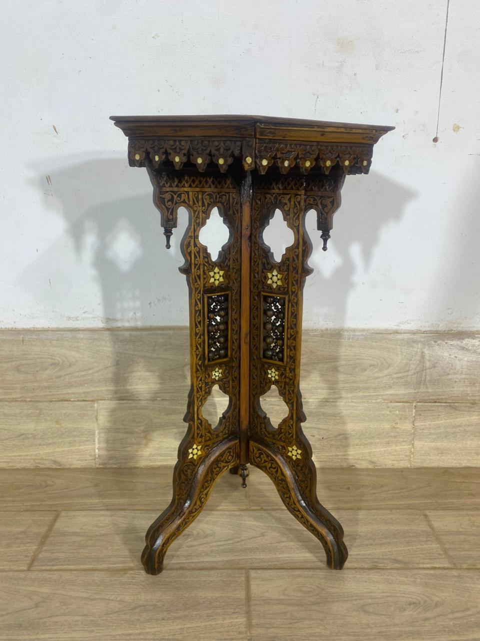 Rare Ottoman Arabesque Mahogany Side Table with Hand-Carved Calligraphy and Natural Ivory Inlay