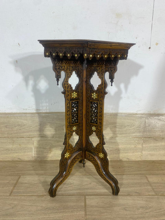 Rare Ottoman Arabesque Mahogany Side Table with Hand-Carved Calligraphy and Natural Ivory Inlay