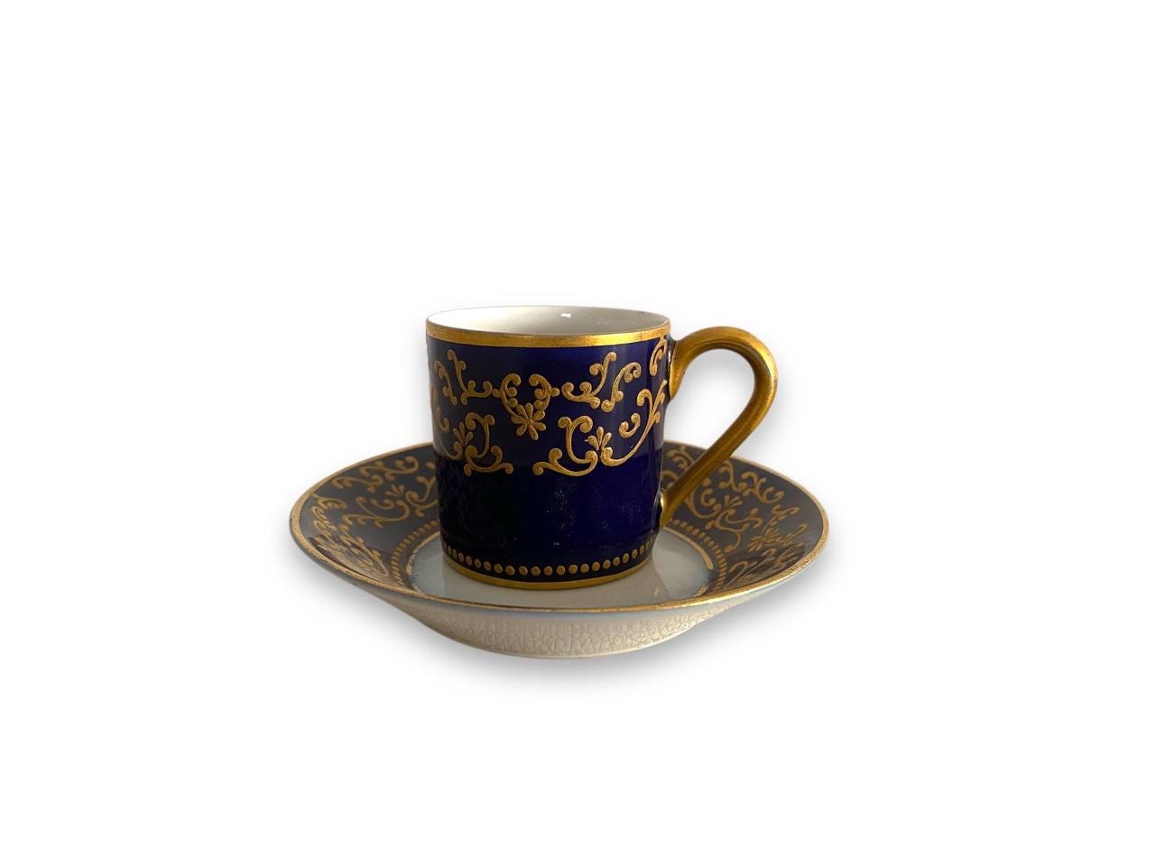 1771 Sevres Cobalt Blue and Gold Flowers Demitasse Cup and Saucer S mark 