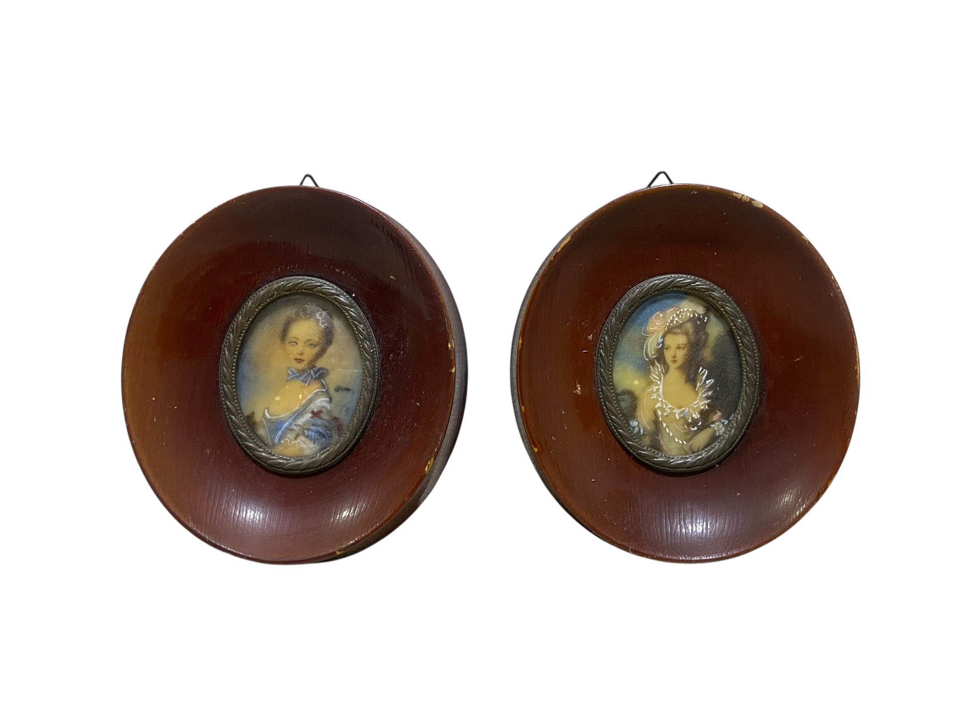 Pair of Antique French Miniature Portraits on Ivory – Signed, Framed