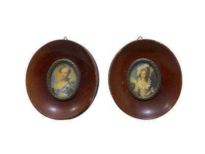 Pair of Antique French Miniature Portraits on Ivory – Signed, Framed (tableaux)
