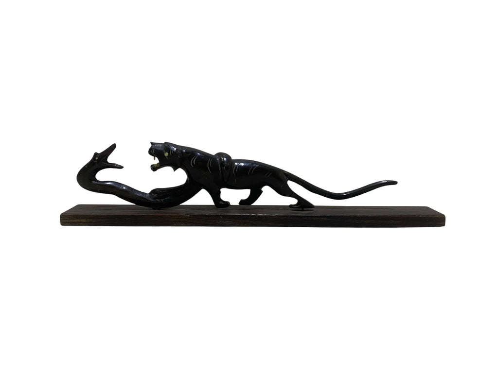 Antique Hand-Carved Natural Horn Sculpture – Panther & Serpent Scene