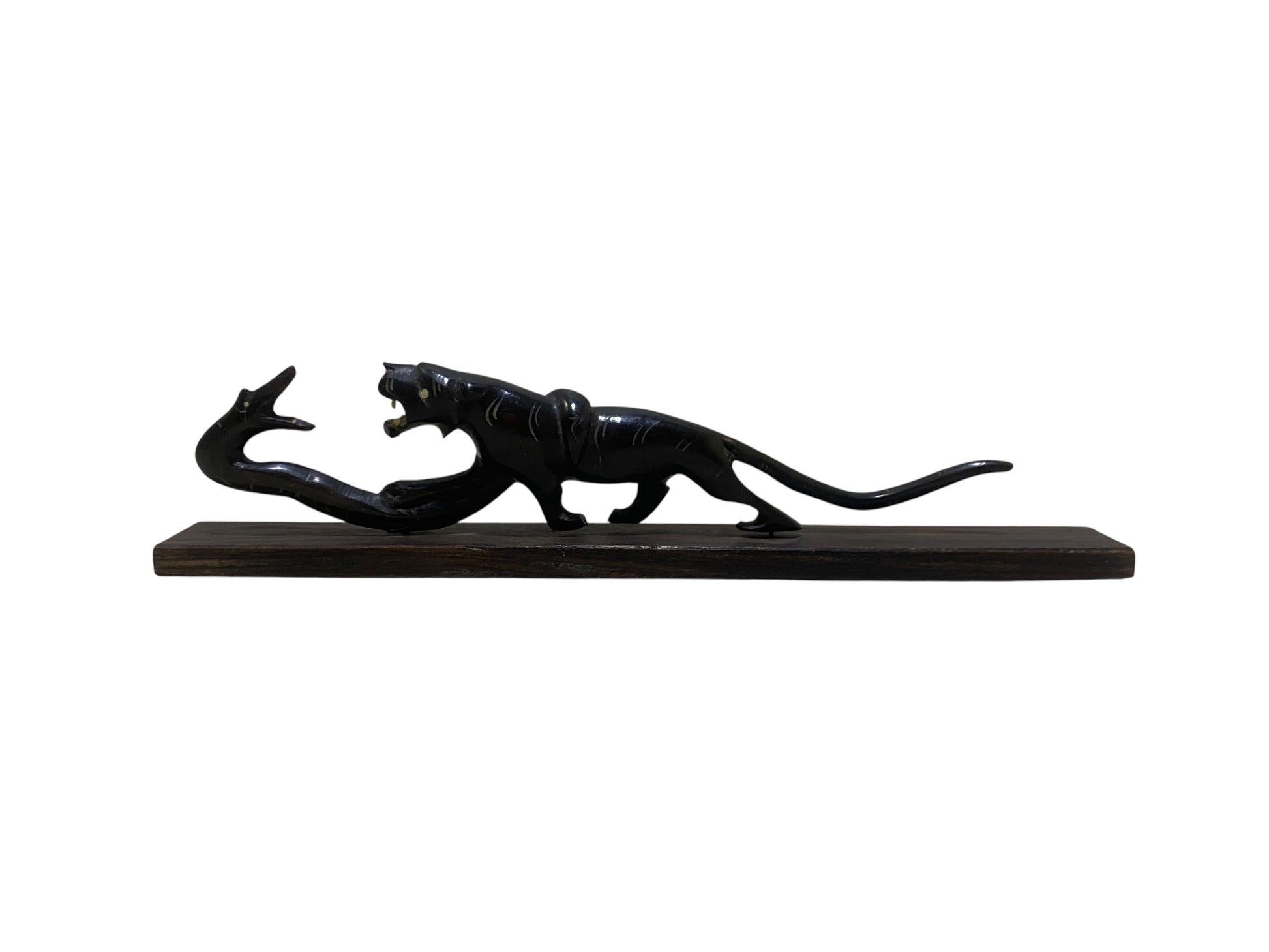 Antique Hand-Carved Natural Horn Sculpture – Panther & Serpent Scene
