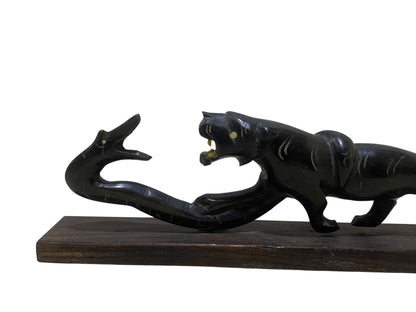 Antique Hand-Carved Natural Horn Sculpture – Panther & Serpent Scene