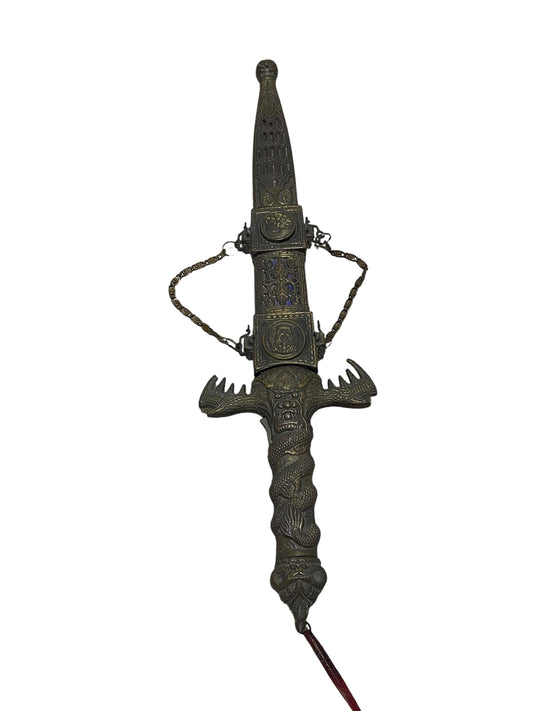 Antique Chinese Bronze Dagger with Sheath – Hand-Carved & Painted, 20th Century