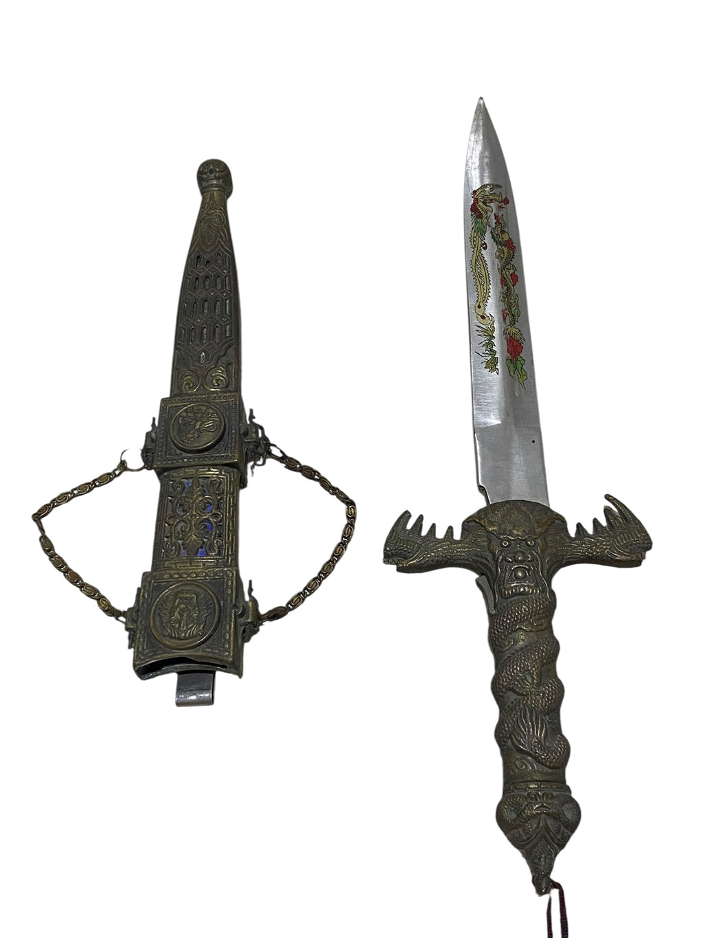 Antique Chinese Bronze Dagger with Sheath – Hand-Carved & Painted, 20th Century