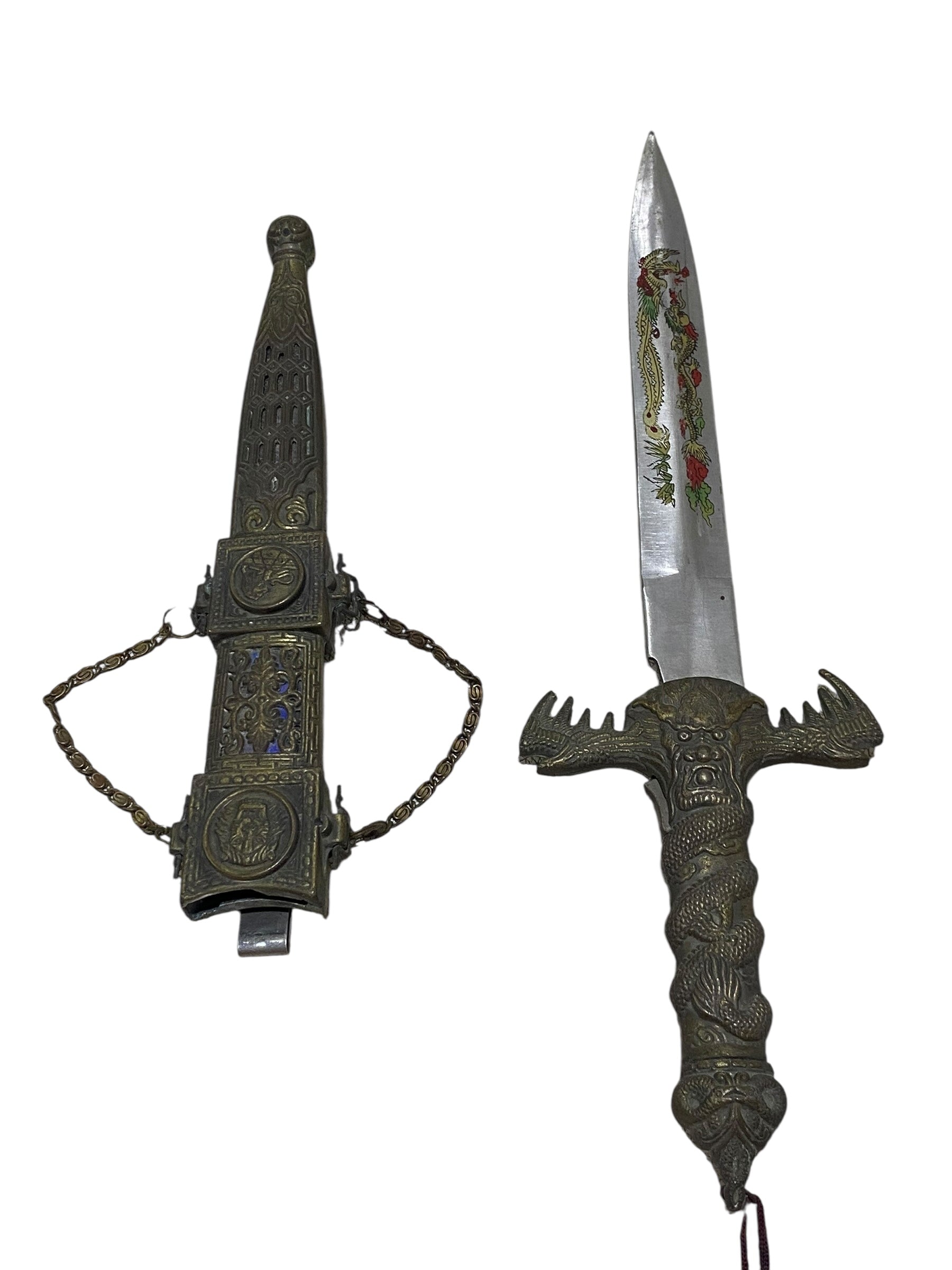 Antique Chinese Bronze Dagger with Sheath – Hand-Carved & Painted, 20th Century