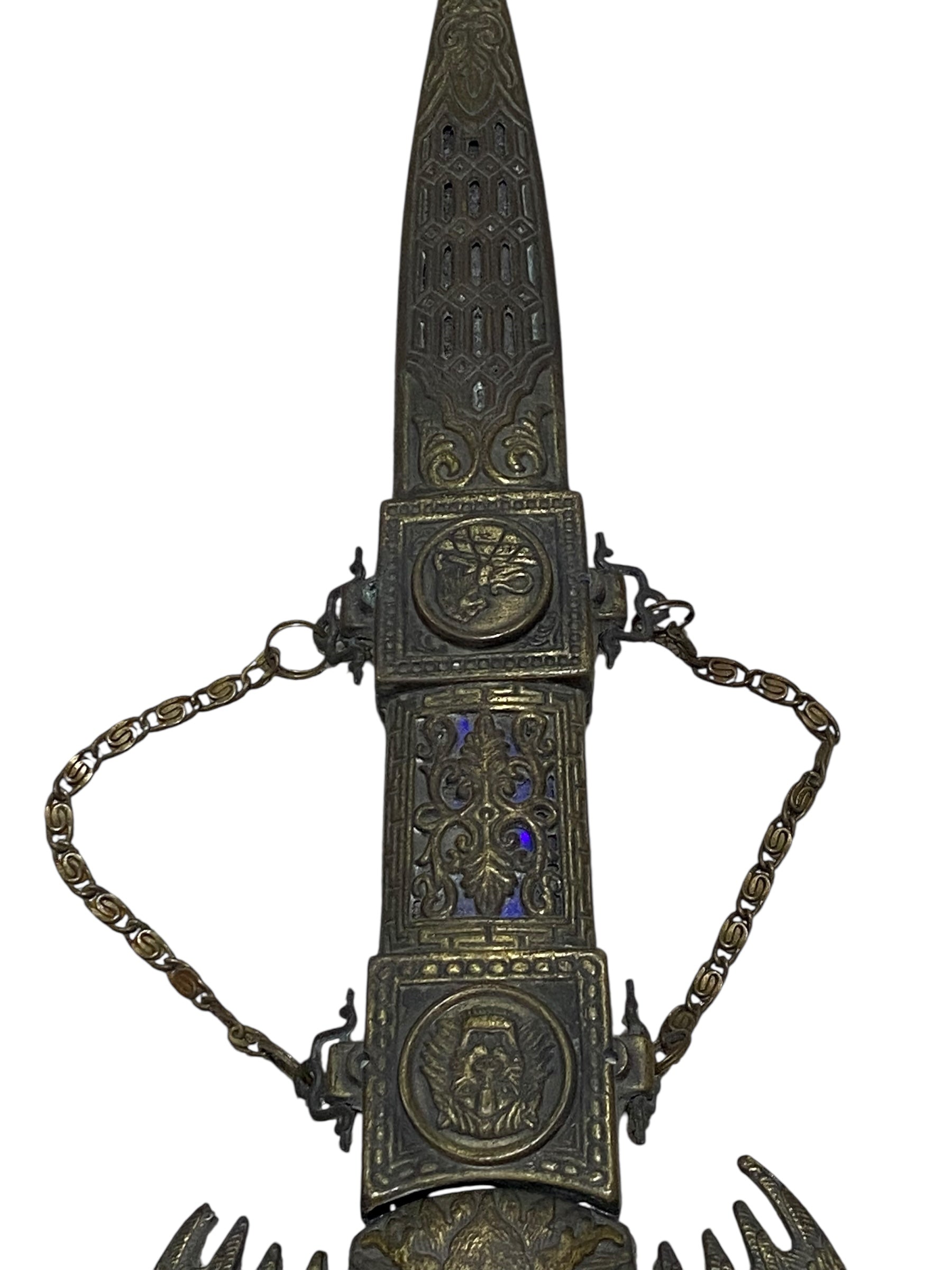 Antique Chinese Bronze Dagger with Sheath – Hand-Carved & Painted, 20th Century