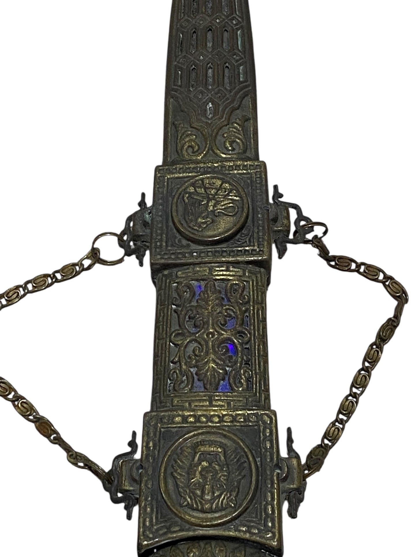 خنجر برونزي صيني عتيق مع غمد - منحوت ومُطلي يدويًا، القرن العشرين