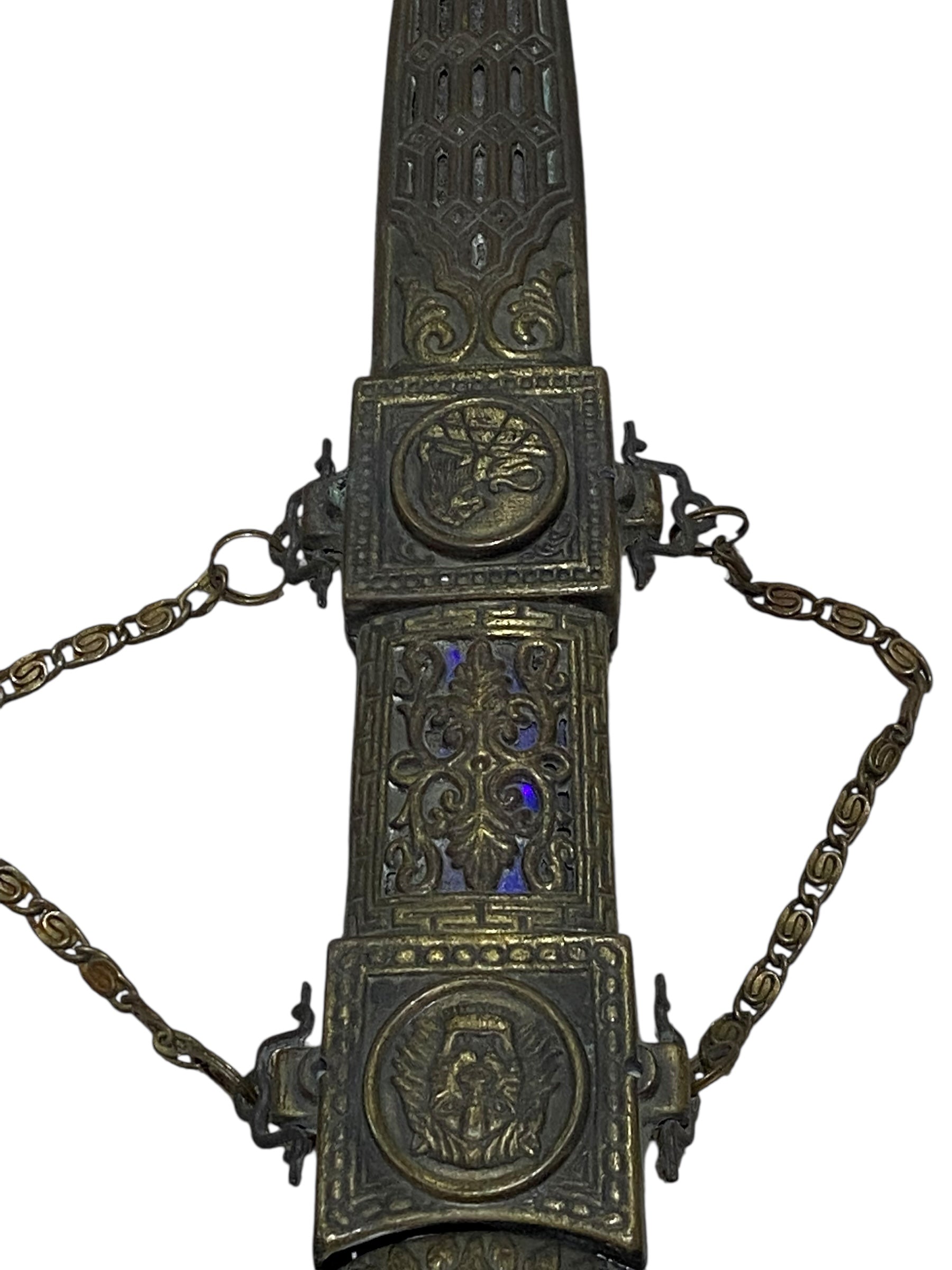 Antique Chinese Bronze Dagger with Sheath – Hand-Carved & Painted, 20th Century
