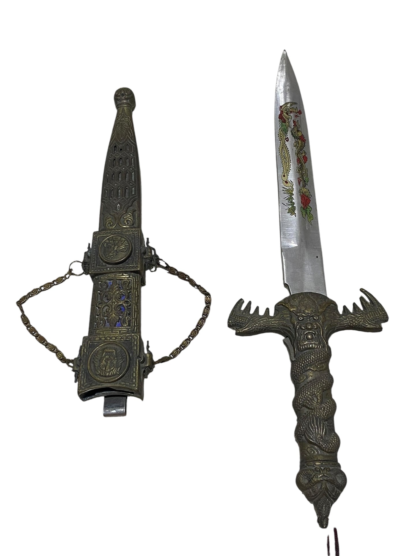 خنجر برونزي صيني عتيق مع غمد - منحوت ومُطلي يدويًا، القرن العشرين