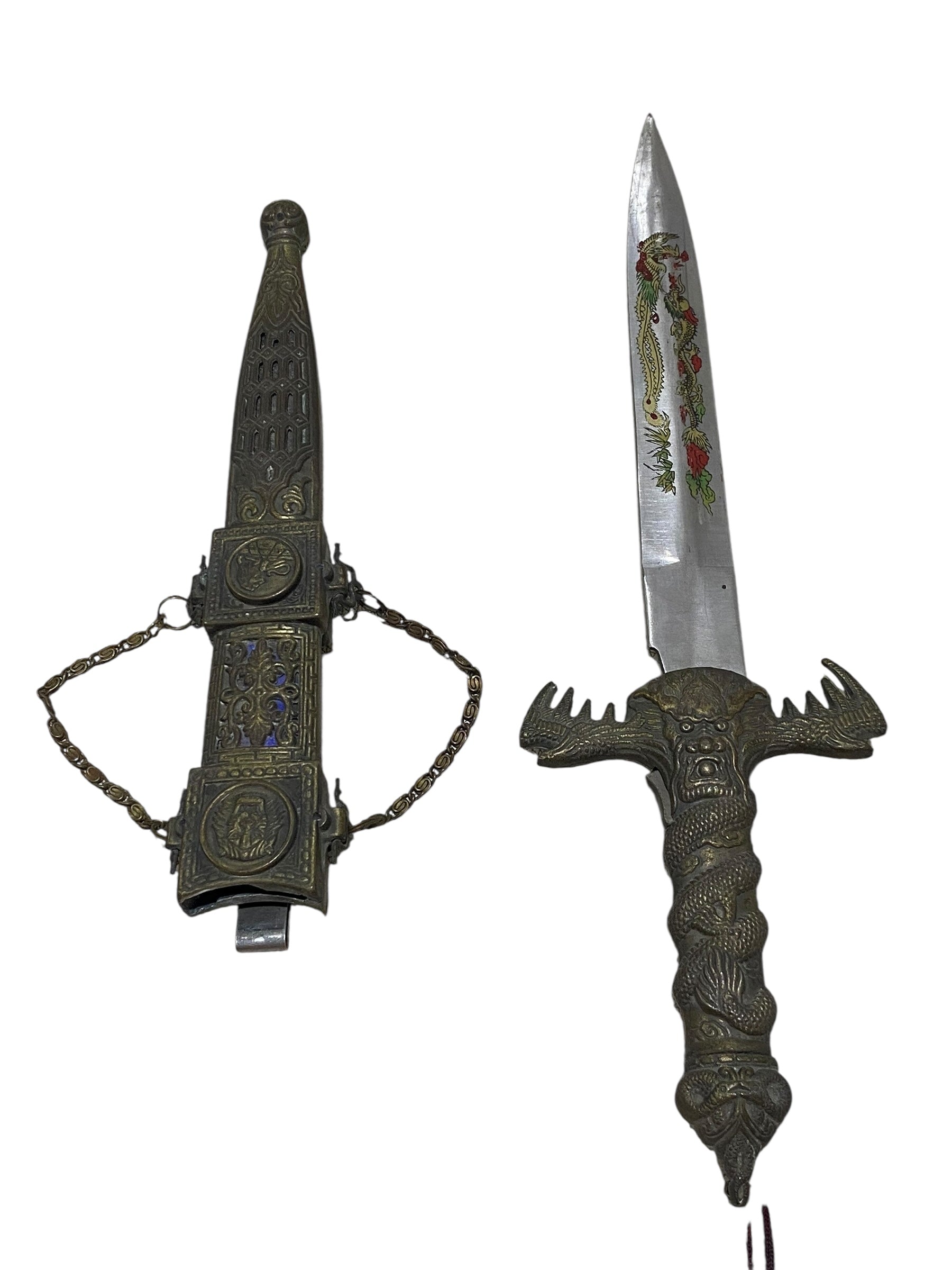 Antique Chinese Bronze Dagger with Sheath – Hand-Carved & Painted, 20th Century