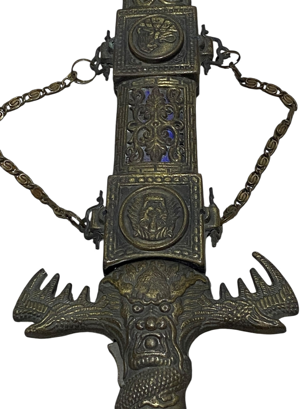 Antique Chinese Bronze Dagger with Sheath – Hand-Carved & Painted, 20th Century