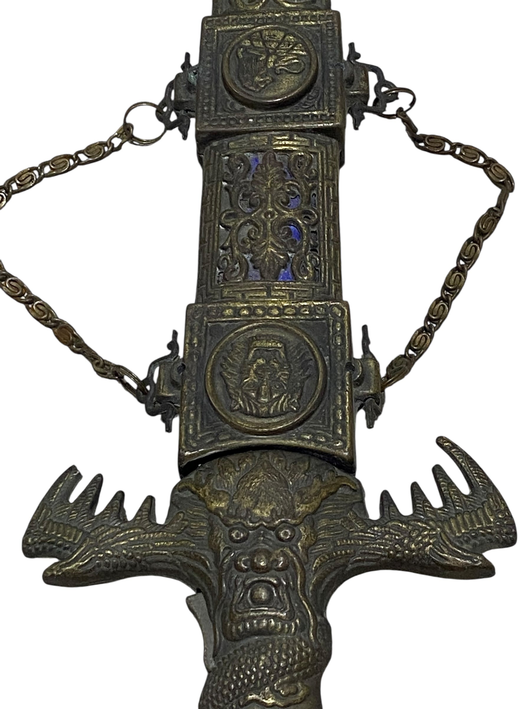 Antique Chinese Bronze Dagger with Sheath – Hand-Carved & Painted, 20th Century