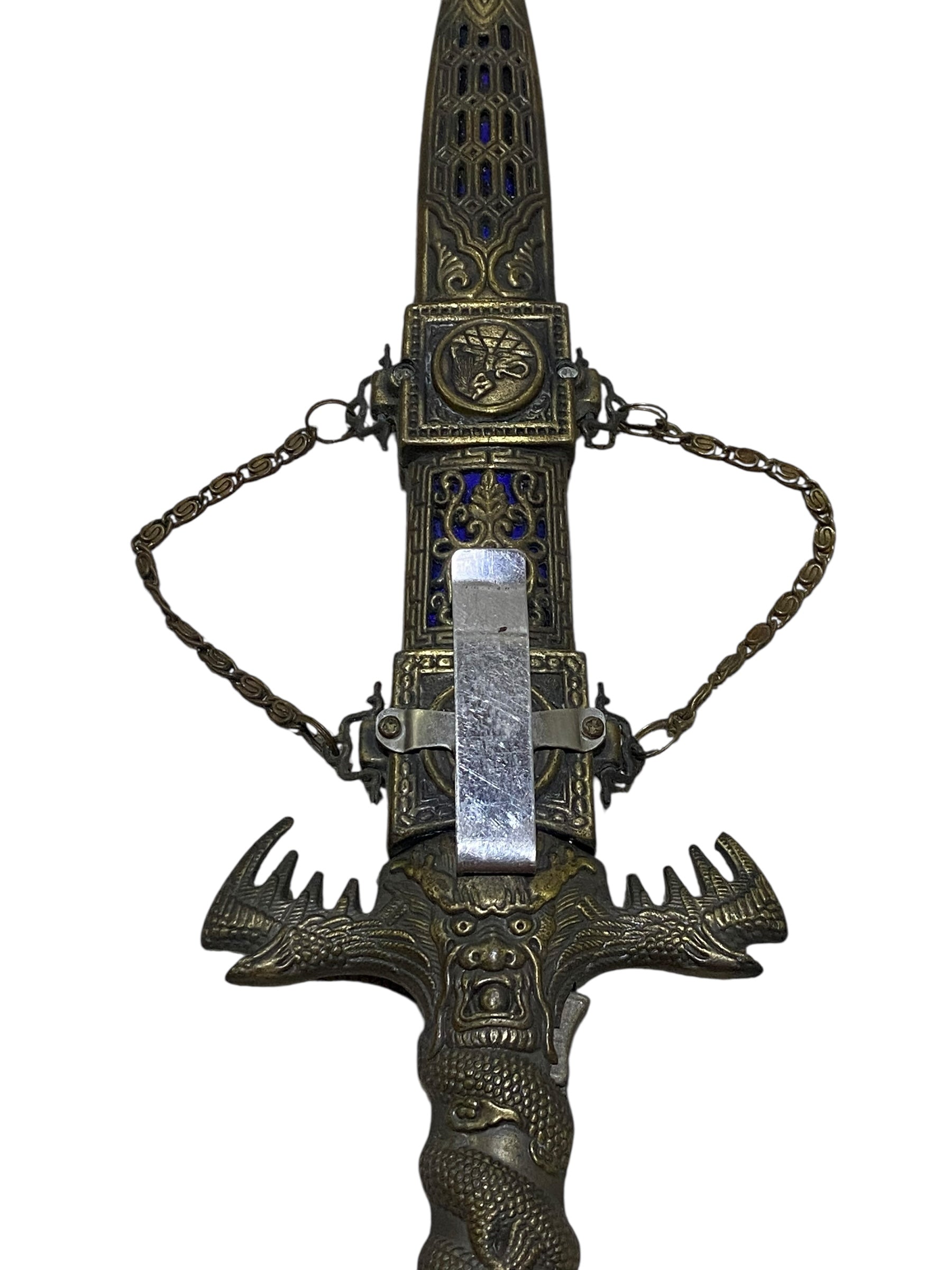 Antique Chinese Bronze Dagger with Sheath – Hand-Carved & Painted, 20th Century