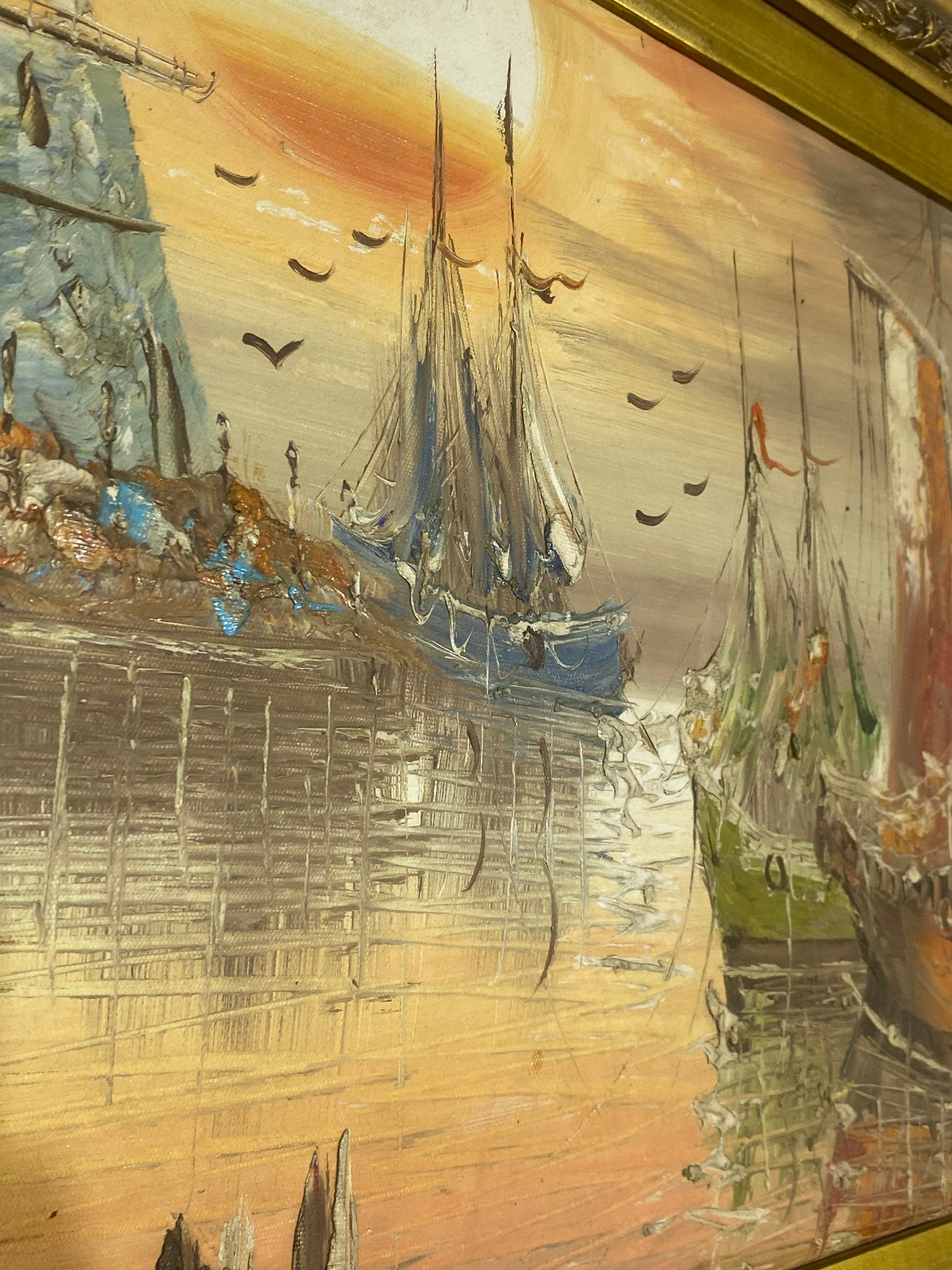 Large Vintage European Oil Painting – Palette Knife Technique