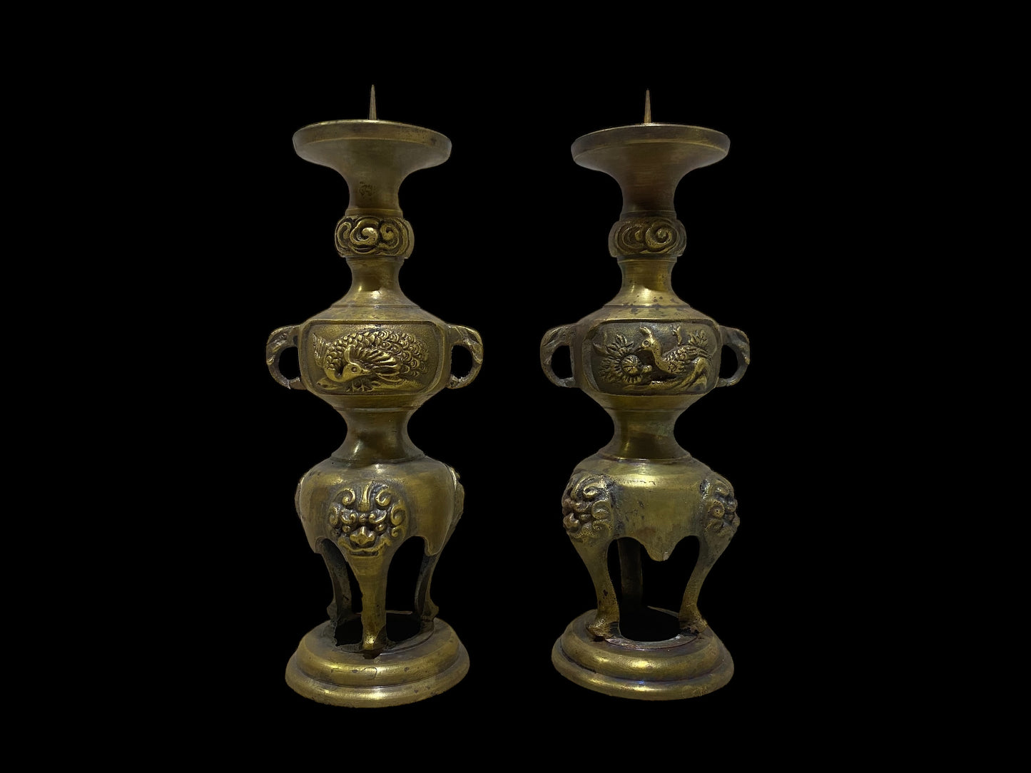 Pair of Antique Chinese Bronze Candlesticks – Hand-Carved with Miniature Detailing