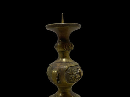 Pair of Antique Chinese Bronze Candlesticks – Hand-Carved with Miniature Detailing