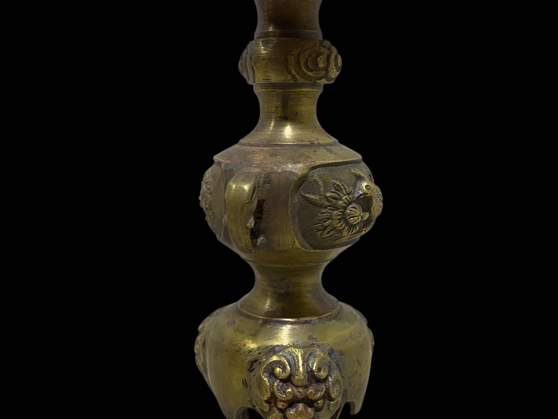 Pair of Antique Chinese Bronze Candlesticks – Hand-Carved with Miniature Detailing