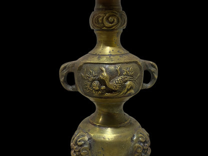 Pair of Antique Chinese Bronze Candlesticks – Hand-Carved with Miniature Detailing