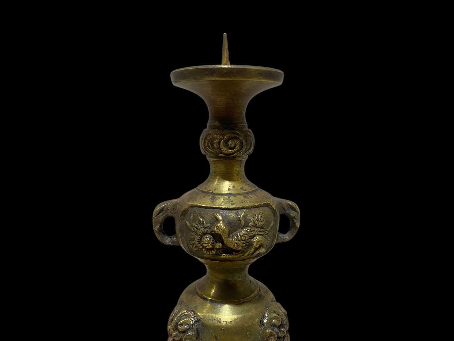 Pair of Antique Chinese Bronze Candlesticks – Hand-Carved with Miniature Detailing