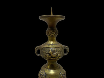 Pair of Antique Chinese Bronze Candlesticks – Hand-Carved with Miniature Detailing