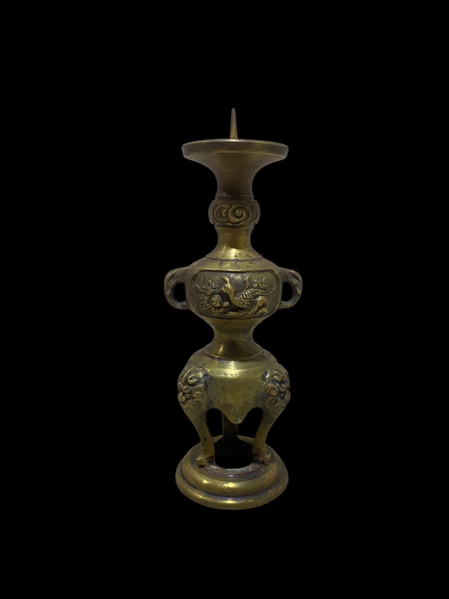 Pair of Antique Chinese Bronze Candlesticks – Hand-Carved with Miniature Detailing