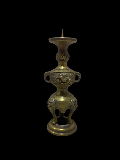 Pair of Antique Chinese Bronze Candlesticks – Hand-Carved with Miniature Detailing