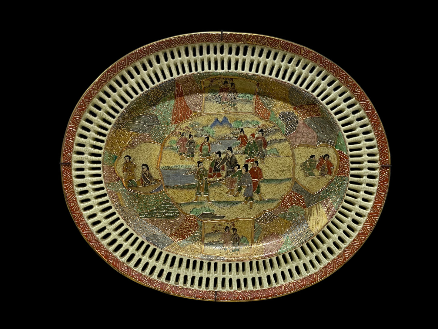 Antique Chinese Satsuma Reticulated Oval Plate – Filigree Edge – Hand-Painted Scene