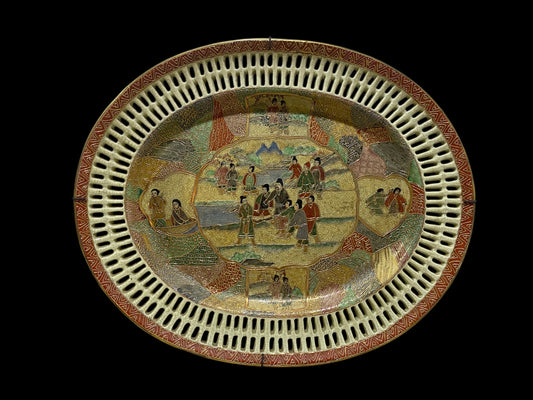 Antique Chinese Satsuma Reticulated Oval Plate – Filigree Edge – Hand-Painted Scene