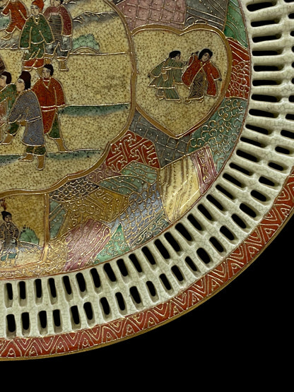 Antique Chinese Satsuma Reticulated Oval Plate – Filigree Edge – Hand-Painted Scene