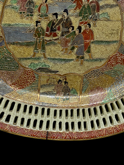 Antique Chinese Satsuma Reticulated Oval Plate – Filigree Edge – Hand-Painted Scene